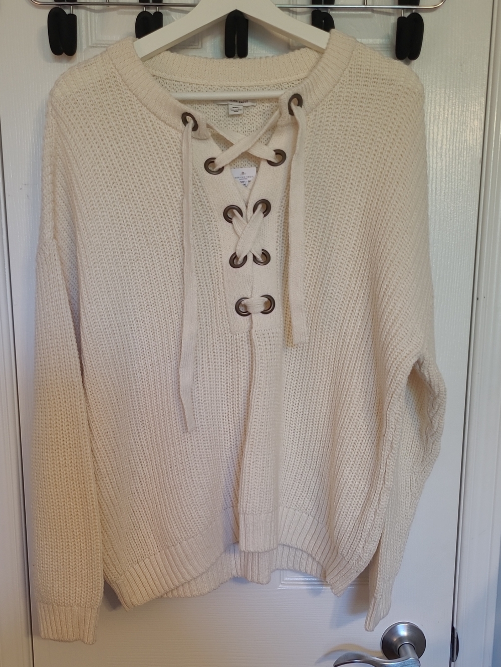 American Eagle Outfitters Cream Lace-Up Scoop Neck Knit Sweater